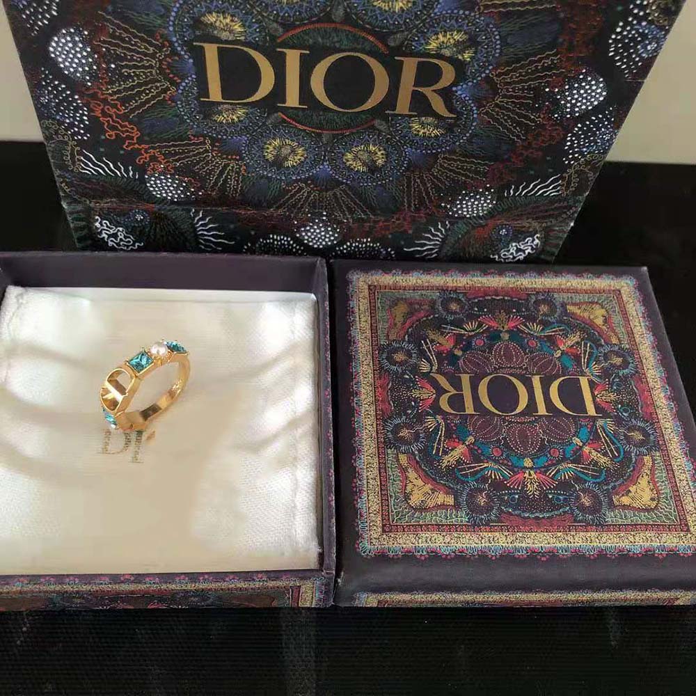 Dior Women Petit CD Ring Gold-Finish Metal with White Resin Pearls and Light Blue Crystals