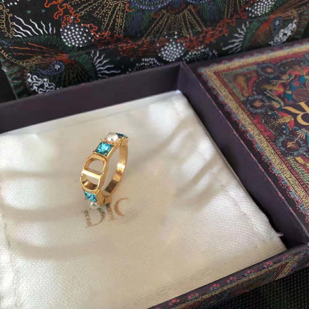 Dior Women Petit CD Ring Gold-Finish Metal with White Resin Pearls and Light Blue Crystals