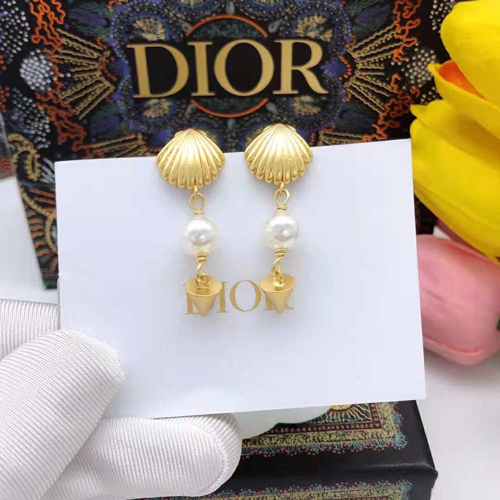 Dior Women Sea Garden Earrings Gold-Finish Metal and White Resin Pearls