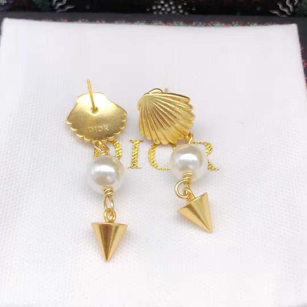 Dior Women Sea Garden Earrings Gold-Finish Metal and White Resin Pearls
