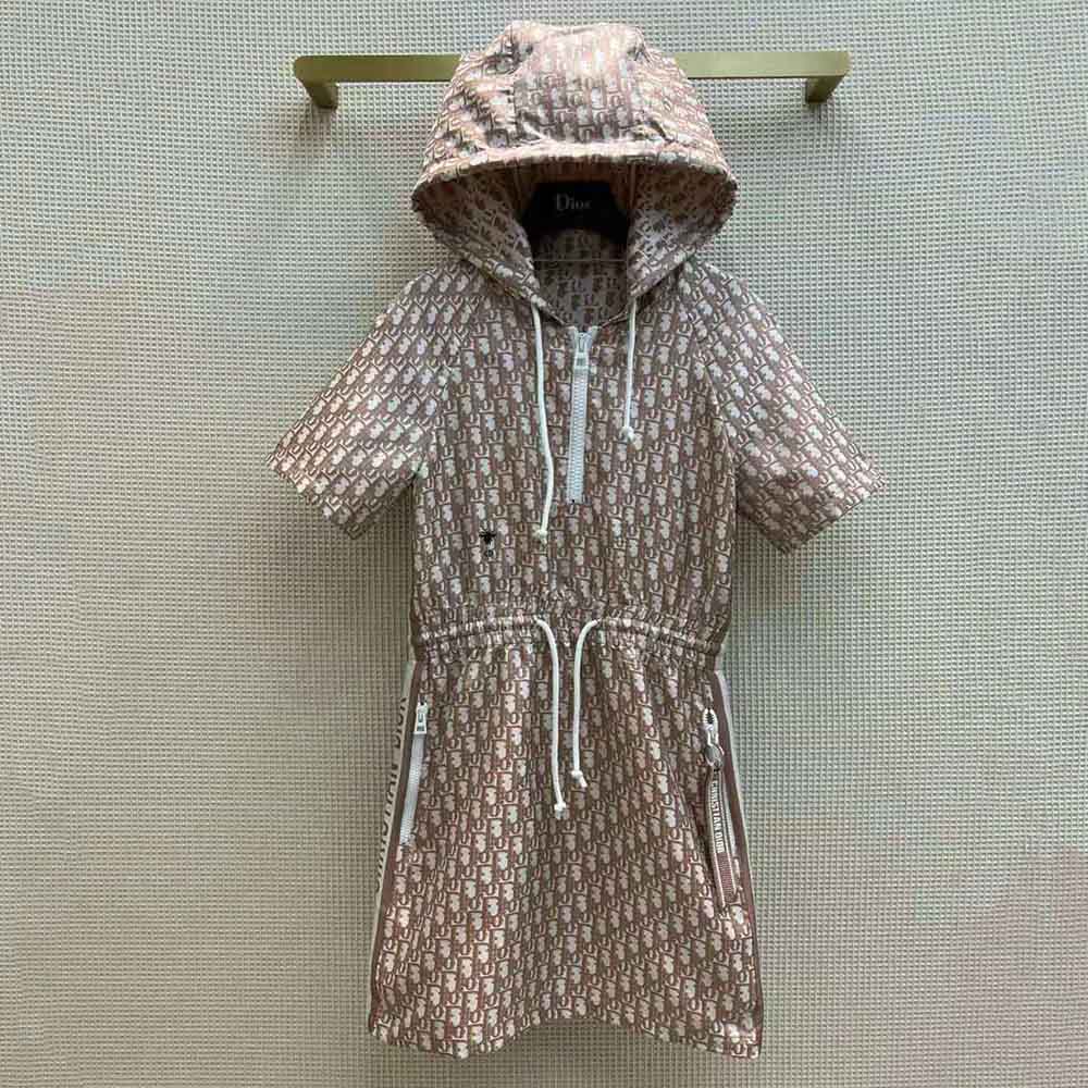 Dior Women Short Hooded Dress Rose Des Vents Technical Taffeta Jacquard