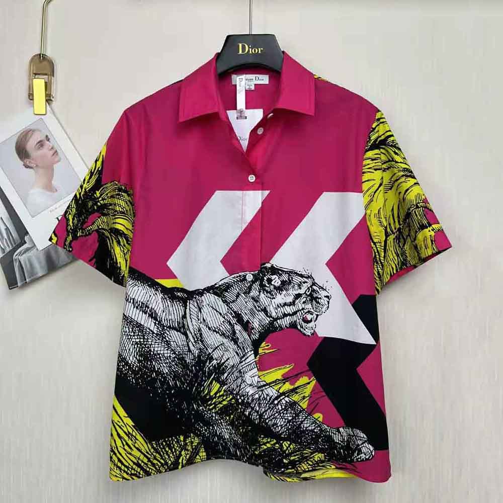 Dior Women Short-Sleeved Blouse Pink Cotton Poplin with Multicolor D-Tiger Pop Motif