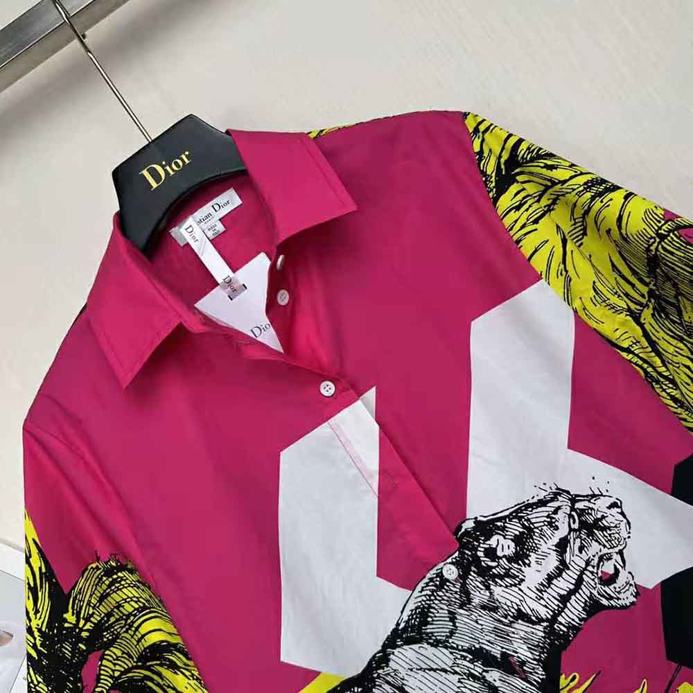 Dior Women Short-Sleeved Blouse Pink Cotton Poplin with Multicolor D-Tiger Pop Motif