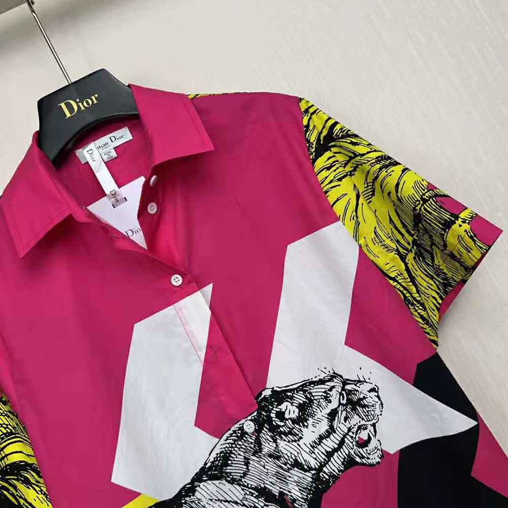Dior Women Short-Sleeved Blouse Pink Cotton Poplin with Multicolor D-Tiger Pop Motif