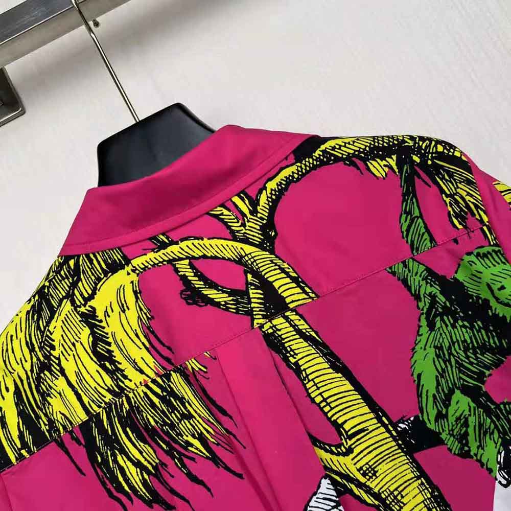 Dior Women Short-Sleeved Blouse Pink Cotton Poplin with Multicolor D-Tiger Pop Motif