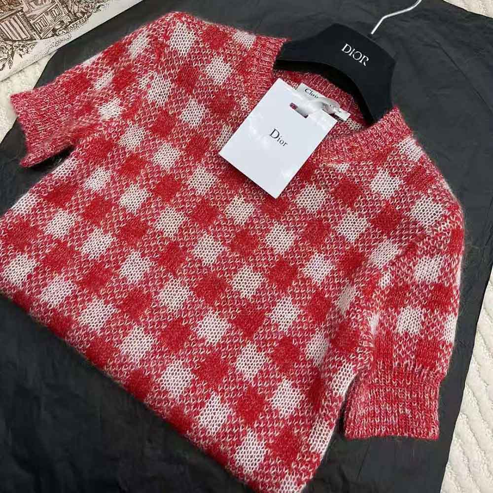 Dior Women Short-Sleeved Sweater Red D-Little Vichy Alpaca