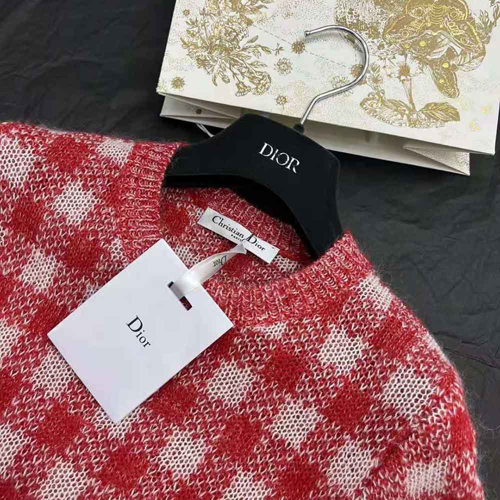Dior Women Short-Sleeved Sweater Red D-Little Vichy Alpaca