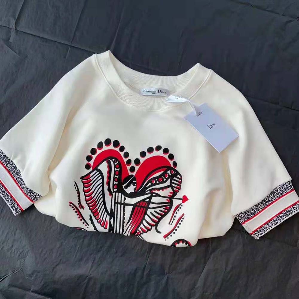 Dior Women Short-Sleeved Sweatshirt White Cotton Jersey with Multicolor Cupidon Motif