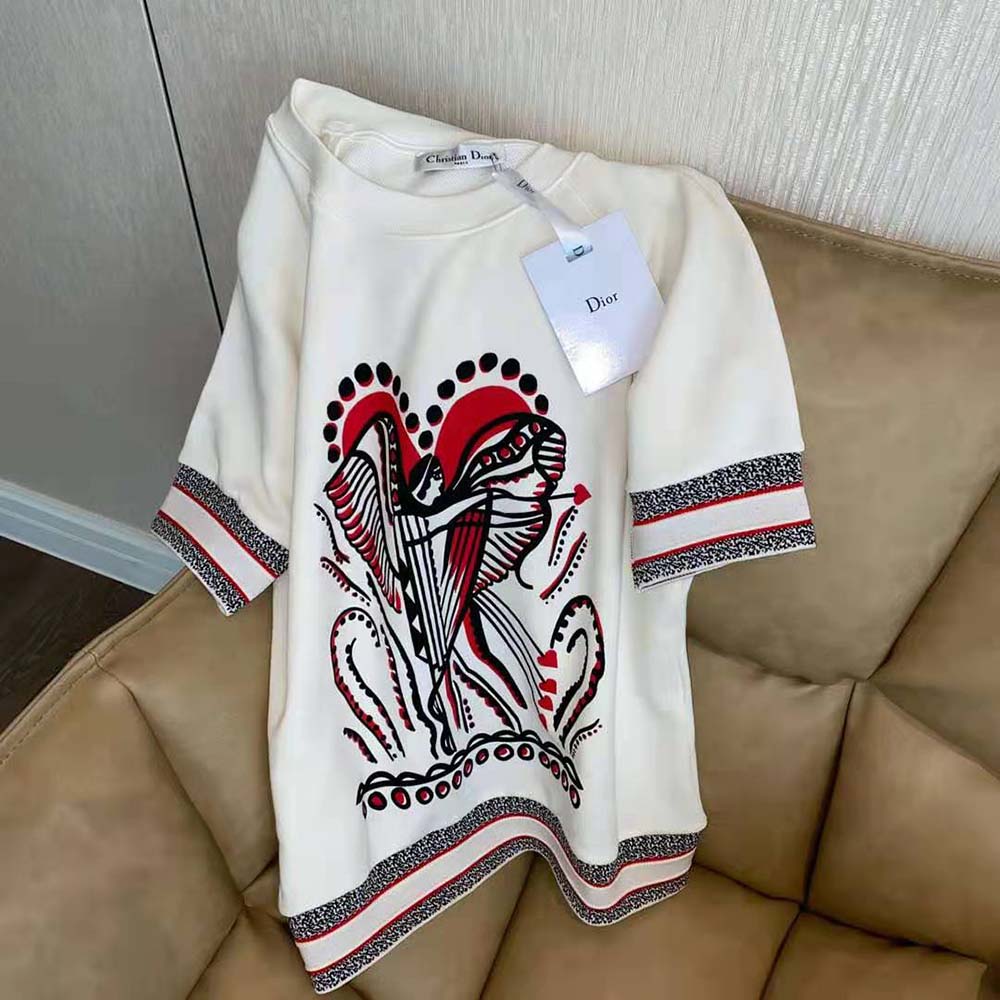 Dior Women Short-Sleeved Sweatshirt White Cotton Jersey with Multicolor Cupidon Motif