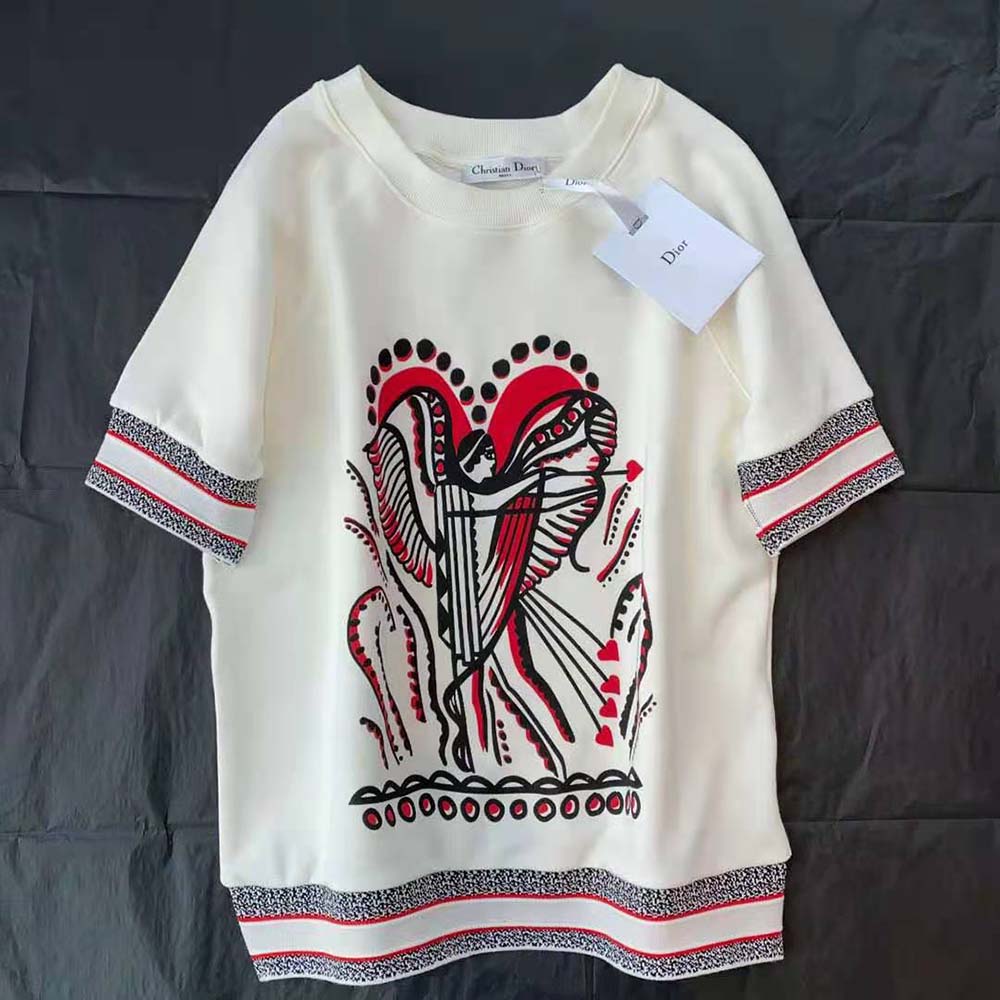 Dior Women Short-Sleeved Sweatshirt White Cotton Jersey with Multicolor Cupidon Motif