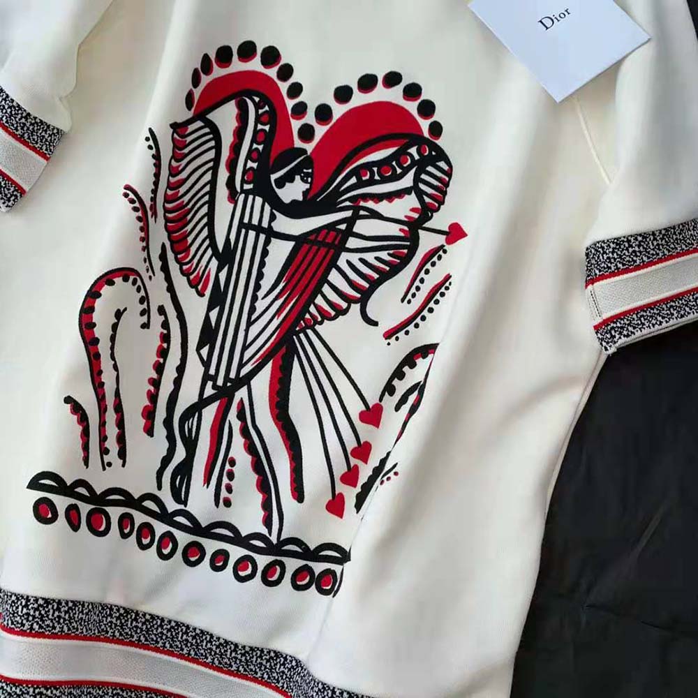 Dior Women Short-Sleeved Sweatshirt White Cotton Jersey with Multicolor Cupidon Motif