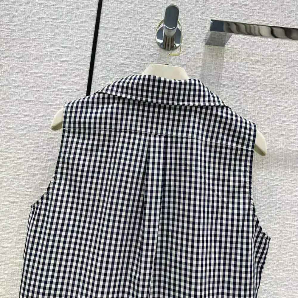 Dior Women Sleeveless Blouse Navy Blue D-Little Vichy Silk Canvas