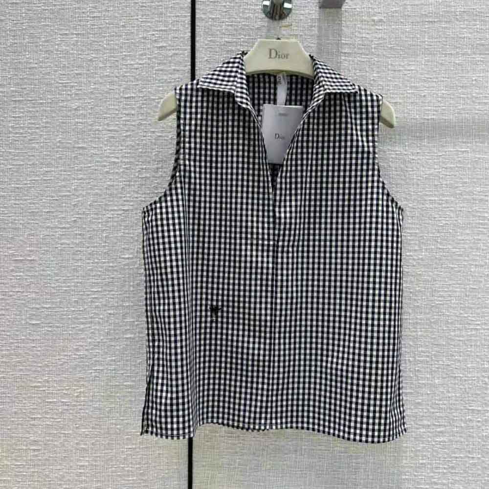 Dior Women Sleeveless Blouse Navy Blue D-Little Vichy Silk Canvas