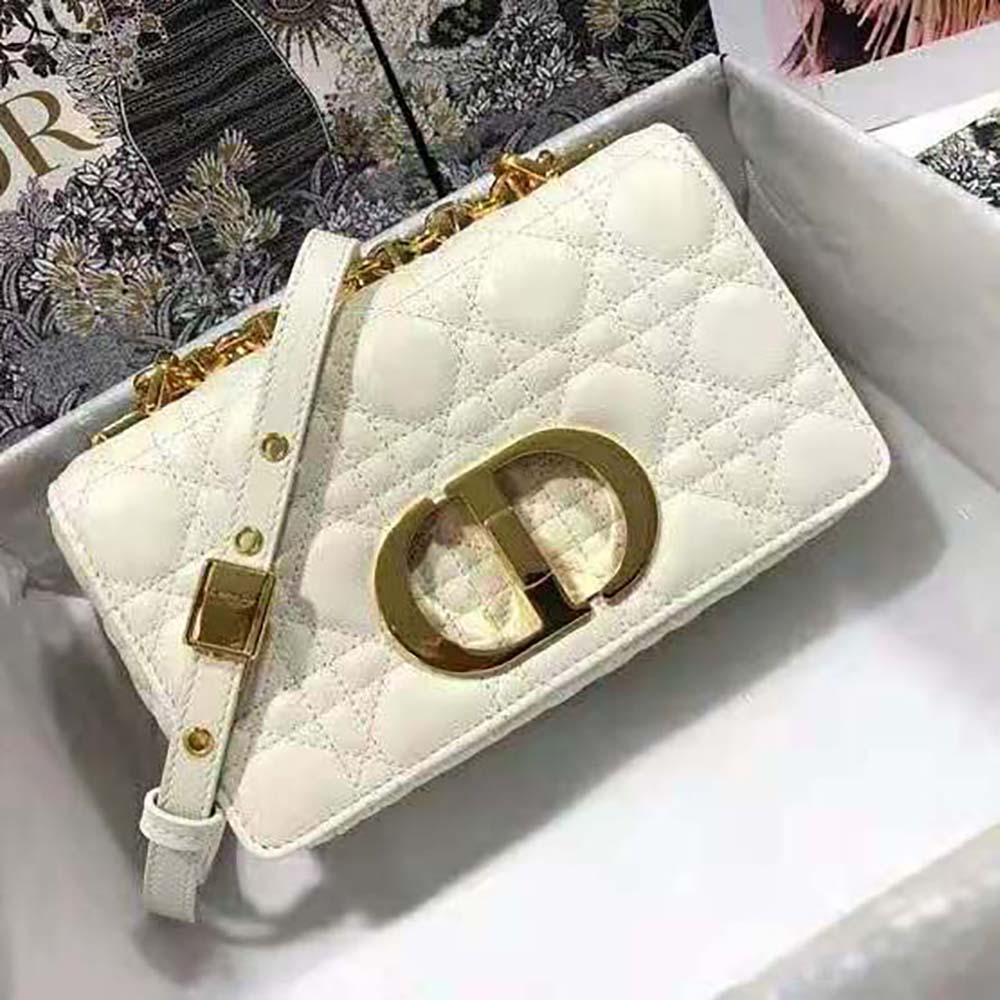 Dior Women Small Dior Caro Bag Lvory Supple Cannage Calfskin-White