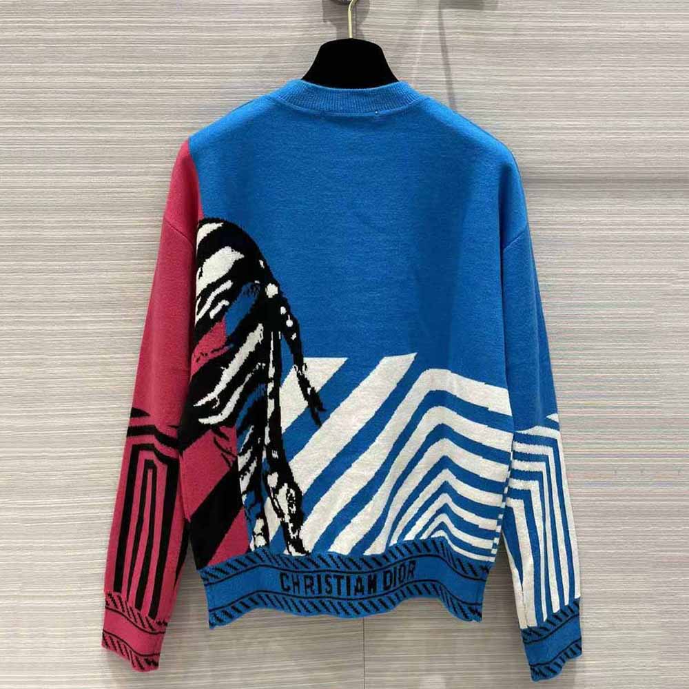 Dior Women Sweater Bright Blue and Pink D-Jungle Pop Double-Sided Technical Cashmere