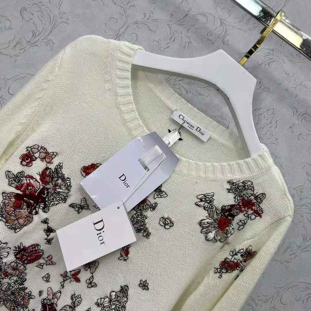 Dior Women Sweater White Cashmere with Multicolor Butterfly Motif