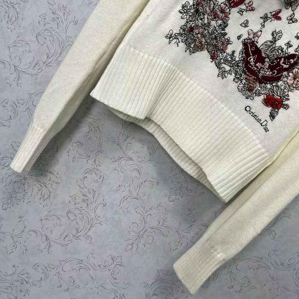 Dior Women Sweater White Cashmere with Multicolor Butterfly Motif
