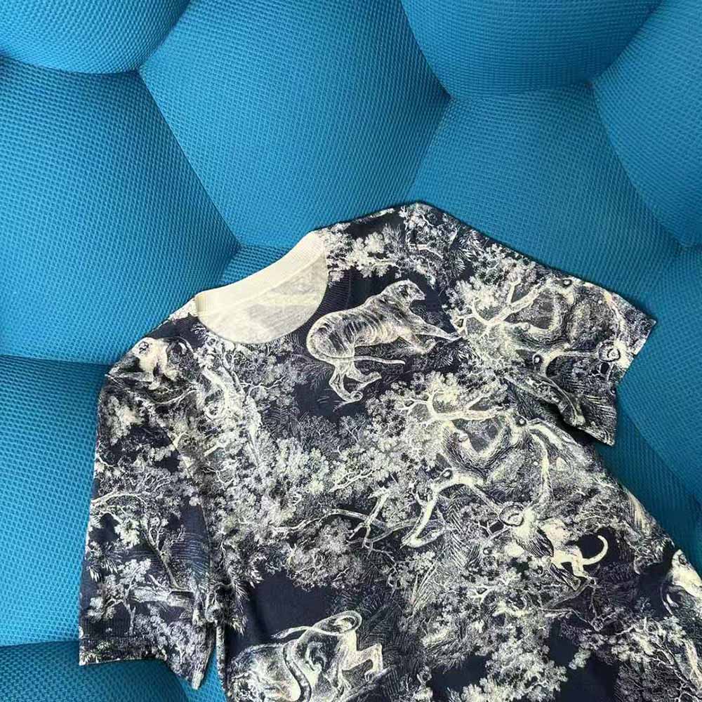 Dior Women T-shirt Navy Blue Toile De Jouy Cotton and Linen Jersey