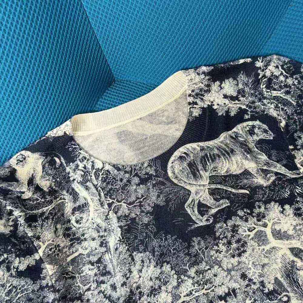 Dior Women T-shirt Navy Blue Toile De Jouy Cotton and Linen Jersey