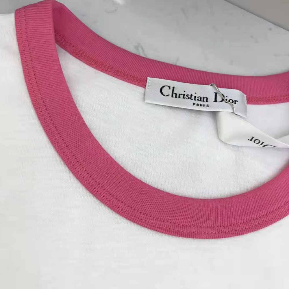 Dior Women T-shirt White Cotton Jersey with Fluorescent Pink D-Jungle Pop Motif