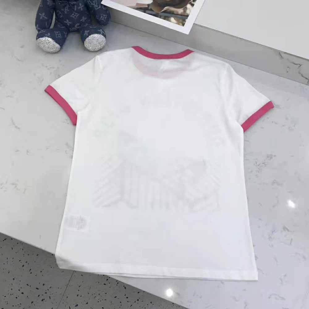 Dior Women T-shirt White Cotton Jersey with Fluorescent Pink D-Jungle Pop Motif