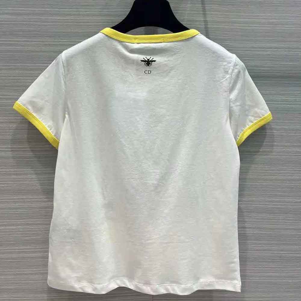 Dior Women T-shirt White Cotton Jersey with Fluorescent Yellow D-Jungle Pop Motif