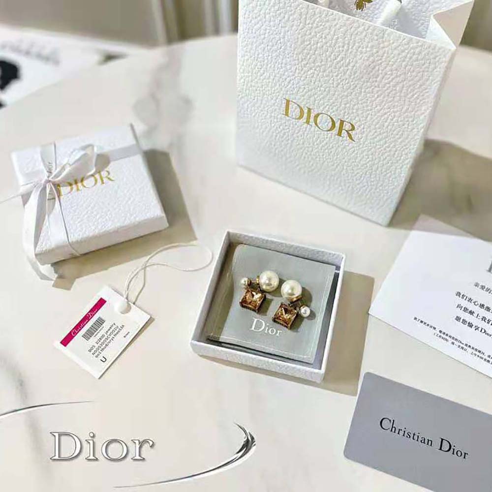 Dior Women Tribales Earrings Antique Gold-Finish Metal with White Resin Pearls and Citrine