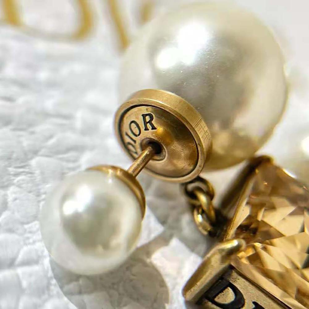 Dior Women Tribales Earrings Antique Gold-Finish Metal with White Resin Pearls and Citrine