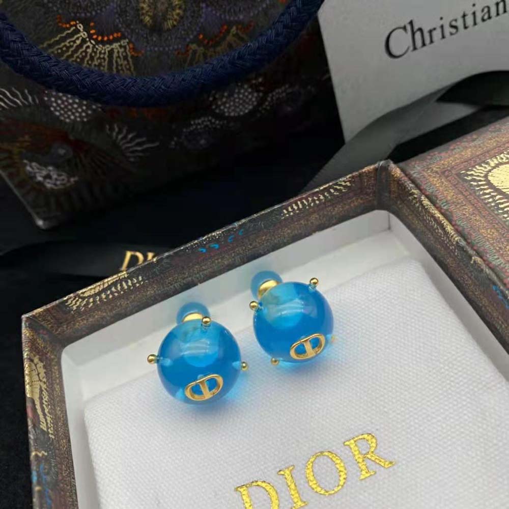Dior Women Tribales Earrings Gold-Finish Metal and Light Blue Transparent Resin Pearls