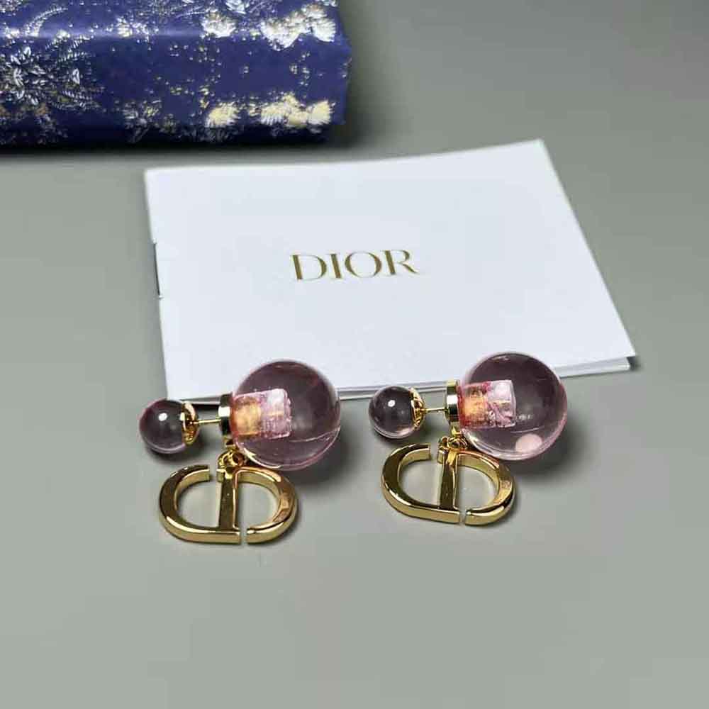 Dior Women Tribales Earrings Gold-Finish Metal and Light Pink Transparent Resin Pearls