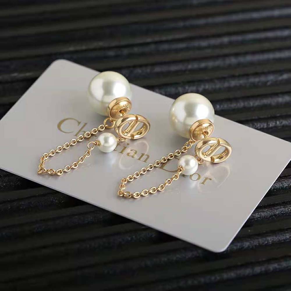Dior Women Tribales Earrings Gold-Finish Metal and White Resin Pearls