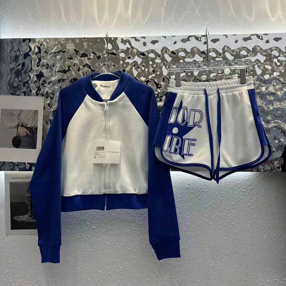 Dior Women Vibe Bomber Jacket Fluorescent Blue and White Technical Cashmere Jacquard