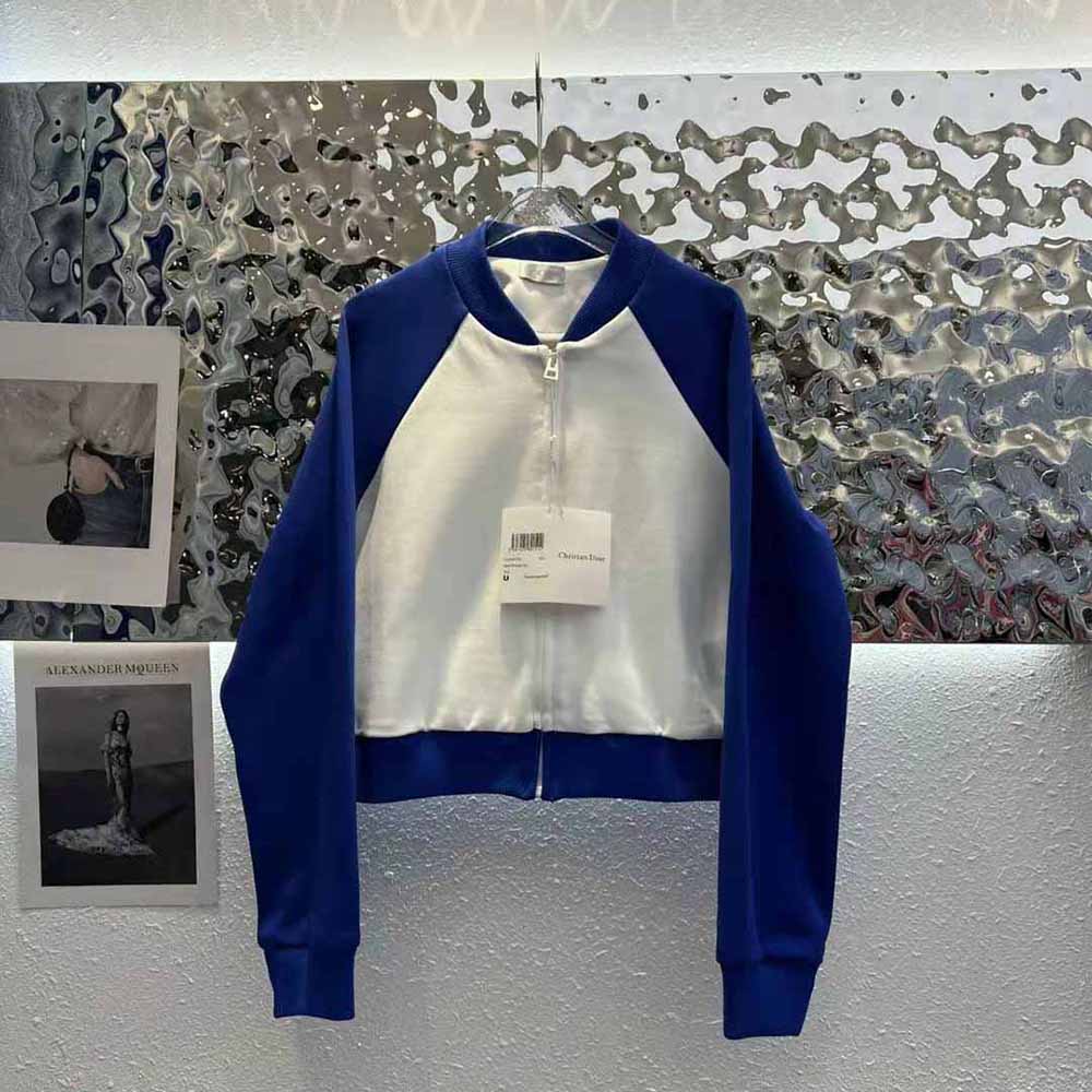 Dior Women Vibe Bomber Jacket Fluorescent Blue and White Technical Cashmere Jacquard