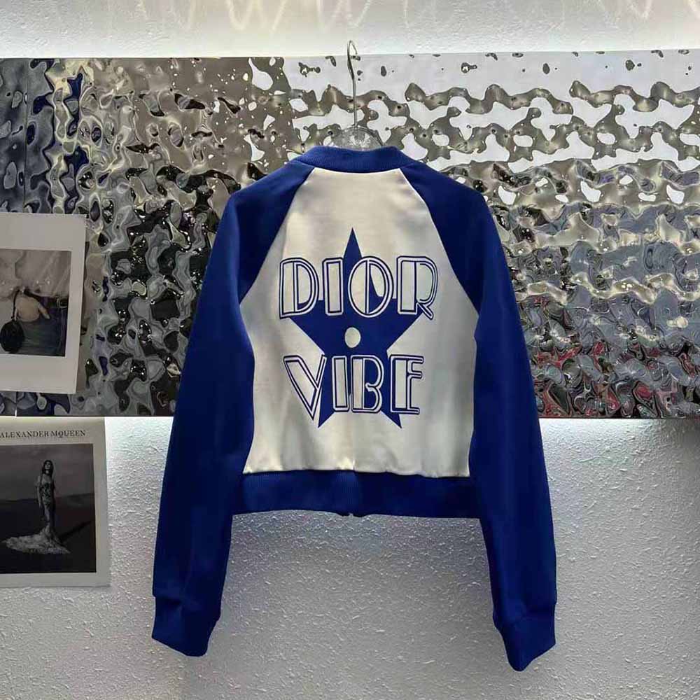 Dior Women Vibe Bomber Jacket Fluorescent Blue and White Technical Cashmere Jacquard