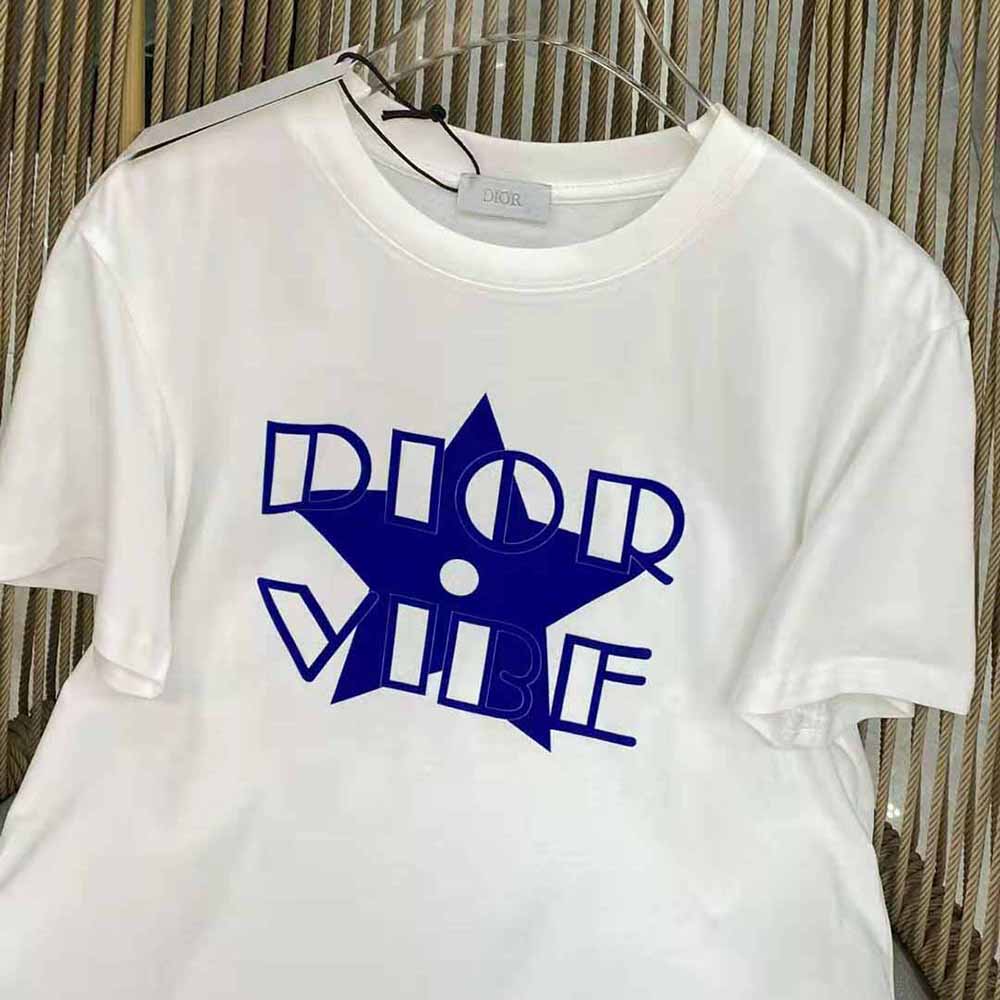 Dior Women Vibe T-shirt Ecru and Fluorescent Blue Cotton Jersey and Linen