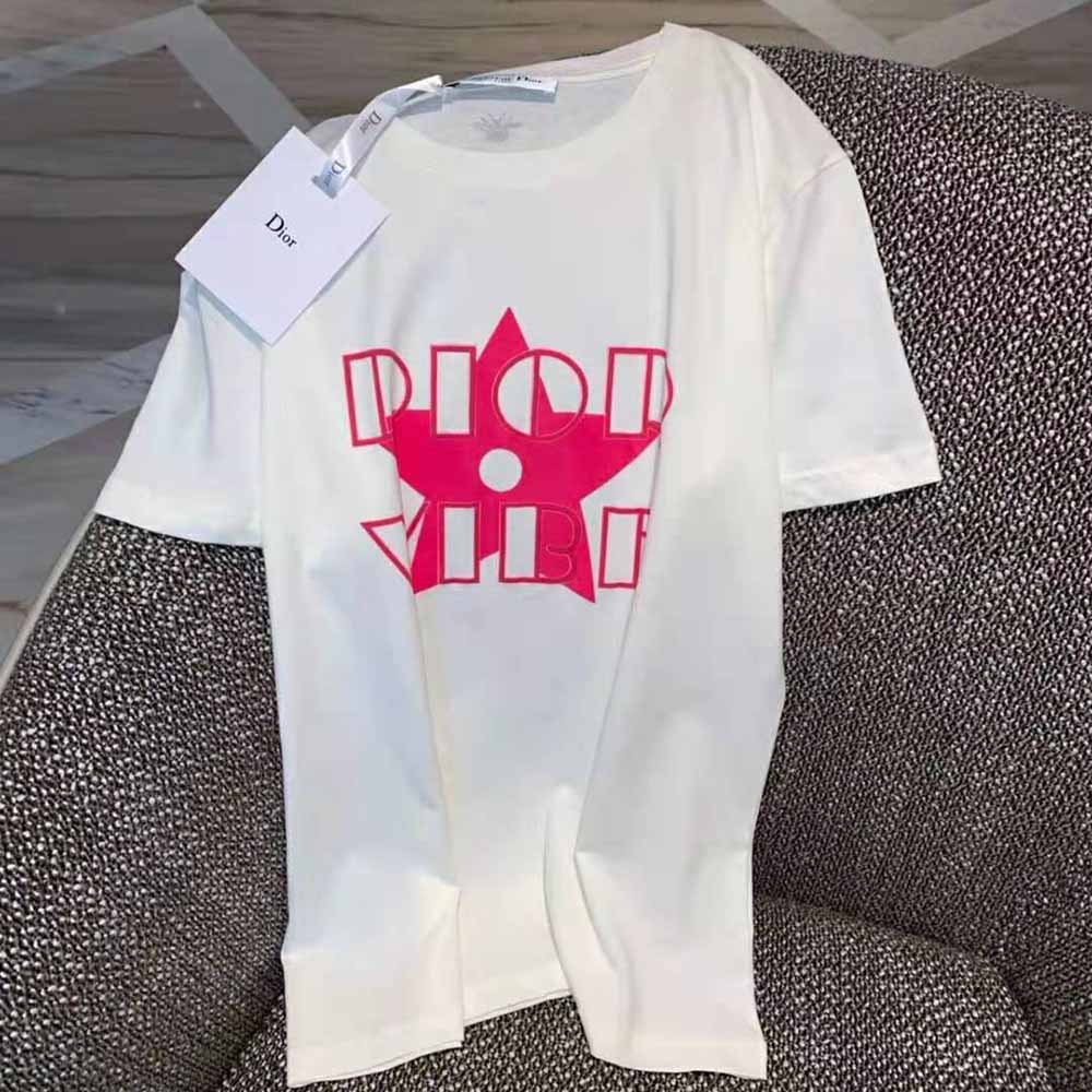 Dior Women Vibe T-shirt Ecru and Fluorescent Pink Cotton and Linen Jersey