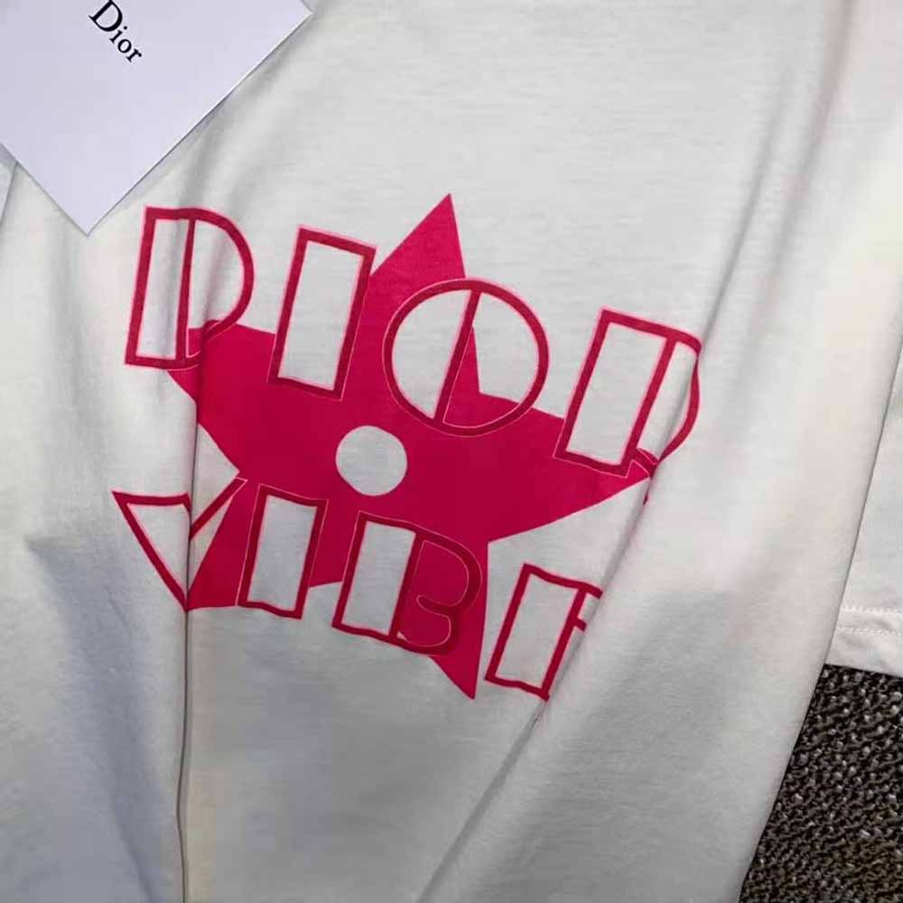 Dior Women Vibe T-shirt Ecru and Fluorescent Pink Cotton and Linen Jersey