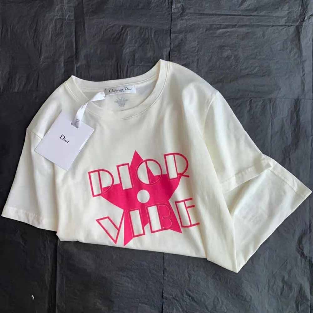Dior Women Vibe T-shirt Ecru and Fluorescent Pink Cotton and Linen Jersey