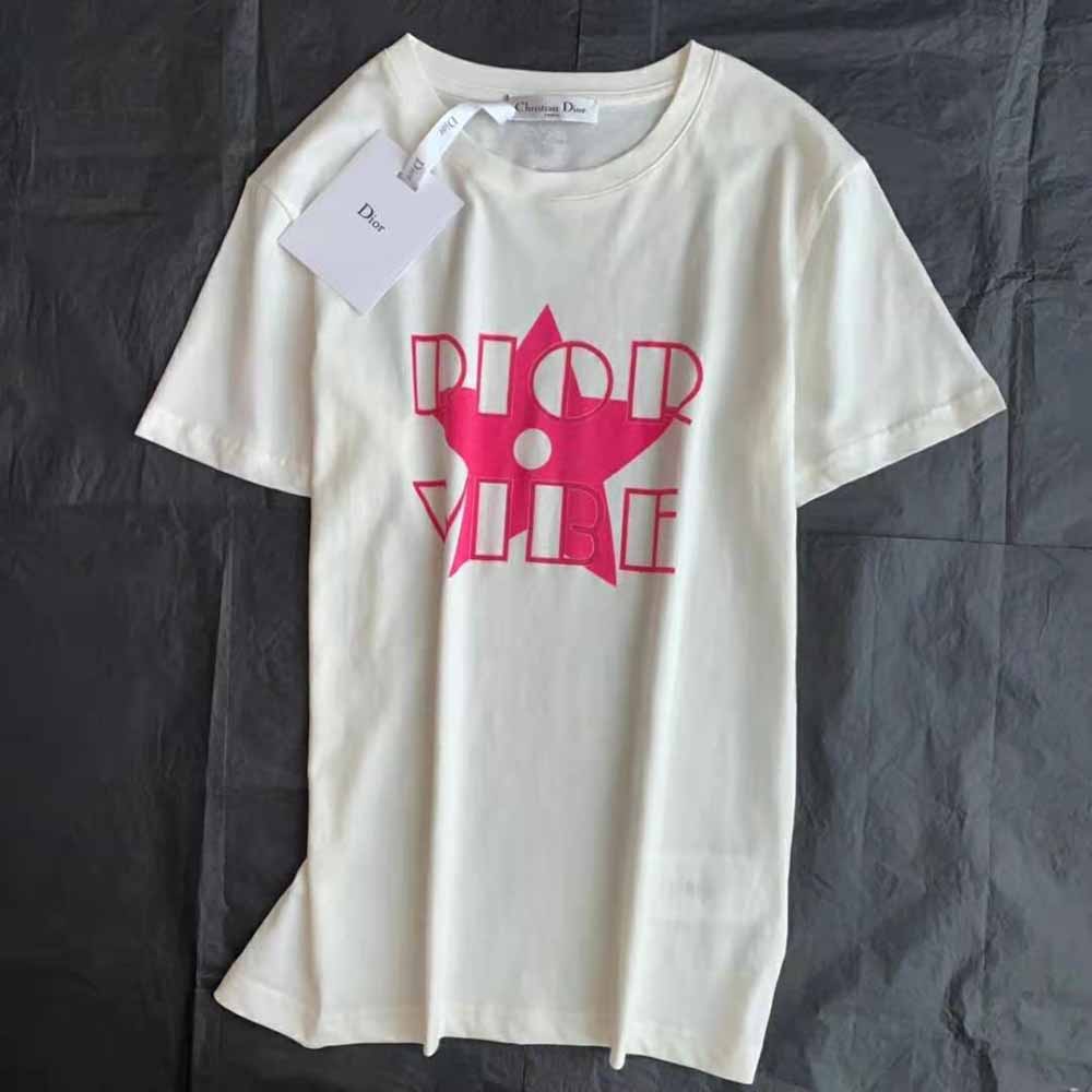 Dior Women Vibe T-shirt Ecru and Fluorescent Pink Cotton and Linen Jersey