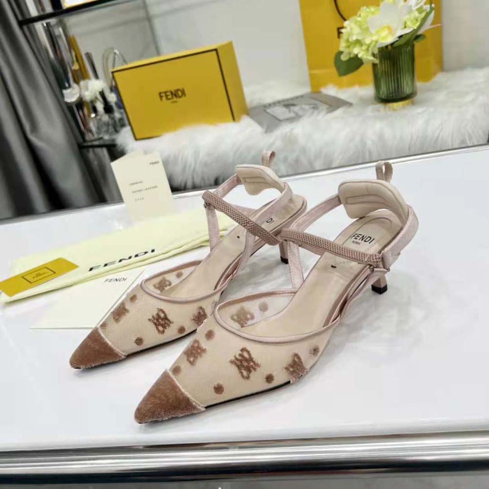 Fendi Women Colibri Lite Beige Mesh and FF Karligraphy Medium-Heel Slingbacks