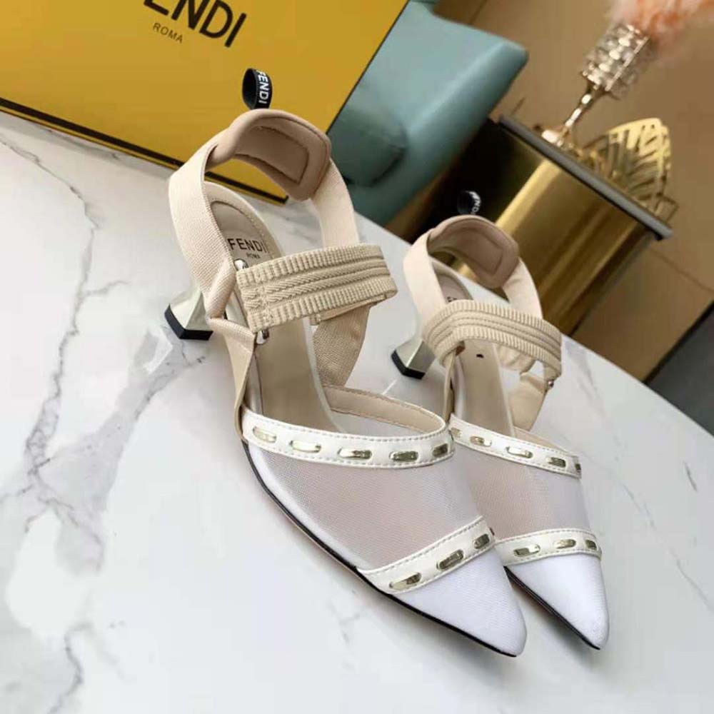 Fendi Women Colibri Pink Mesh Medium-Heel Slingbacks with Metal Stitches