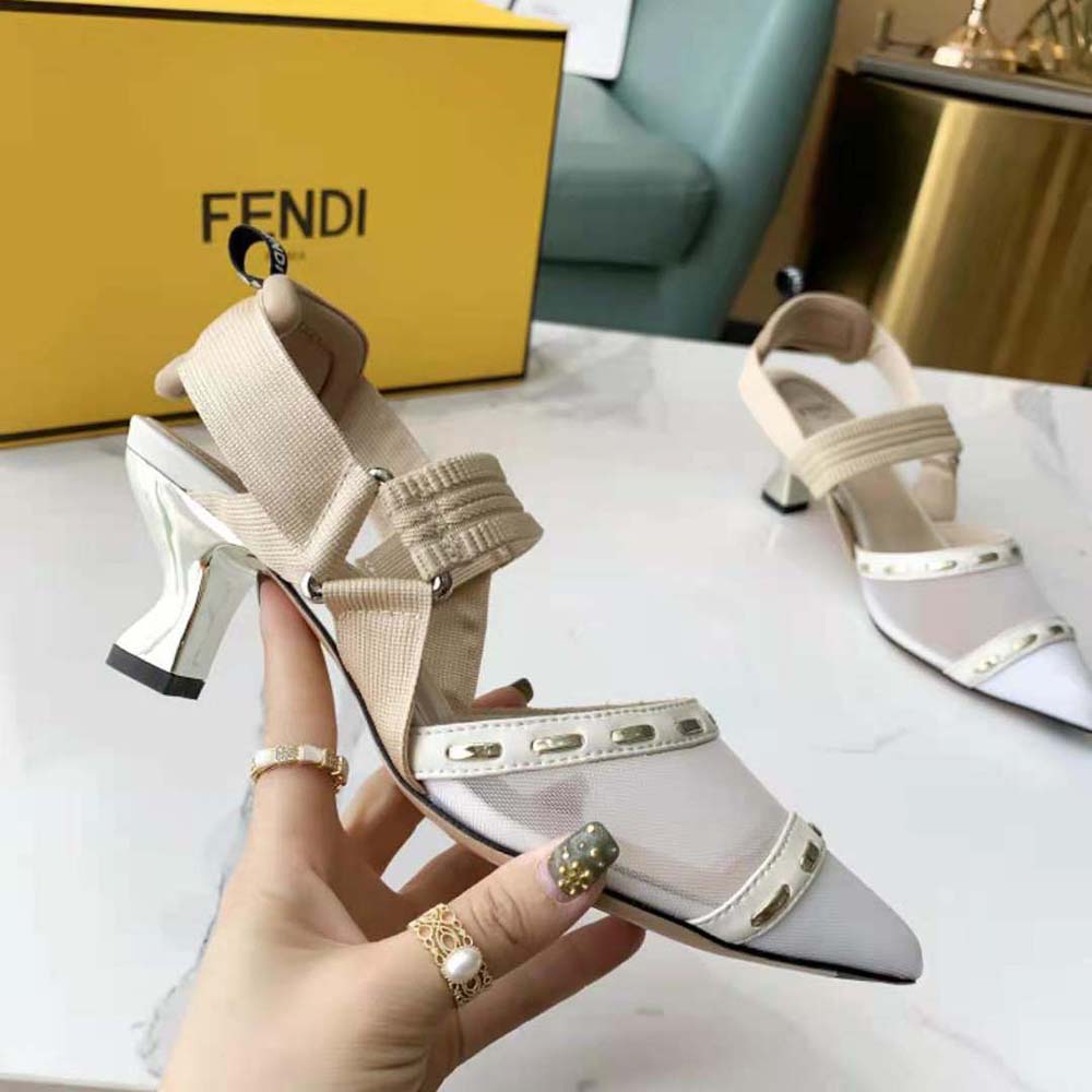 Fendi Women Colibri Pink Mesh Medium-Heel Slingbacks with Metal Stitches