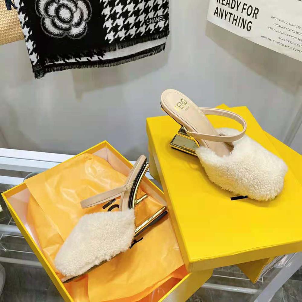 Fendi Women First White Sheepskin High-Heeled Sandals
