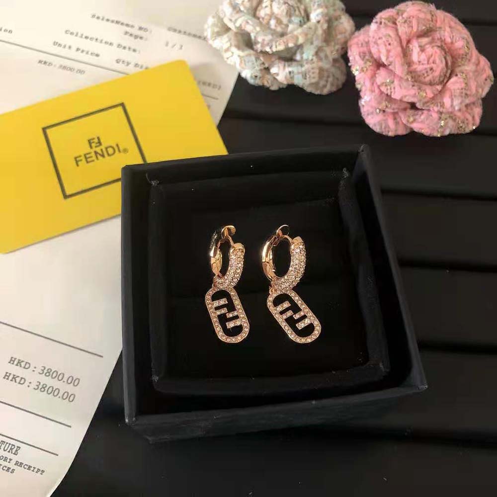 Fendi Women O Lock Earrings Gold-Colored Earrings in Bronze and Zircon