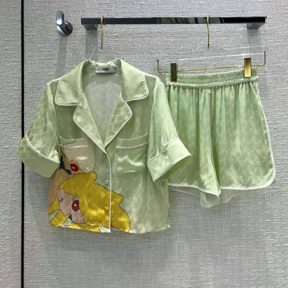 Fendi Women Pajama Set Multicolor Silk Pajama Set-Lime