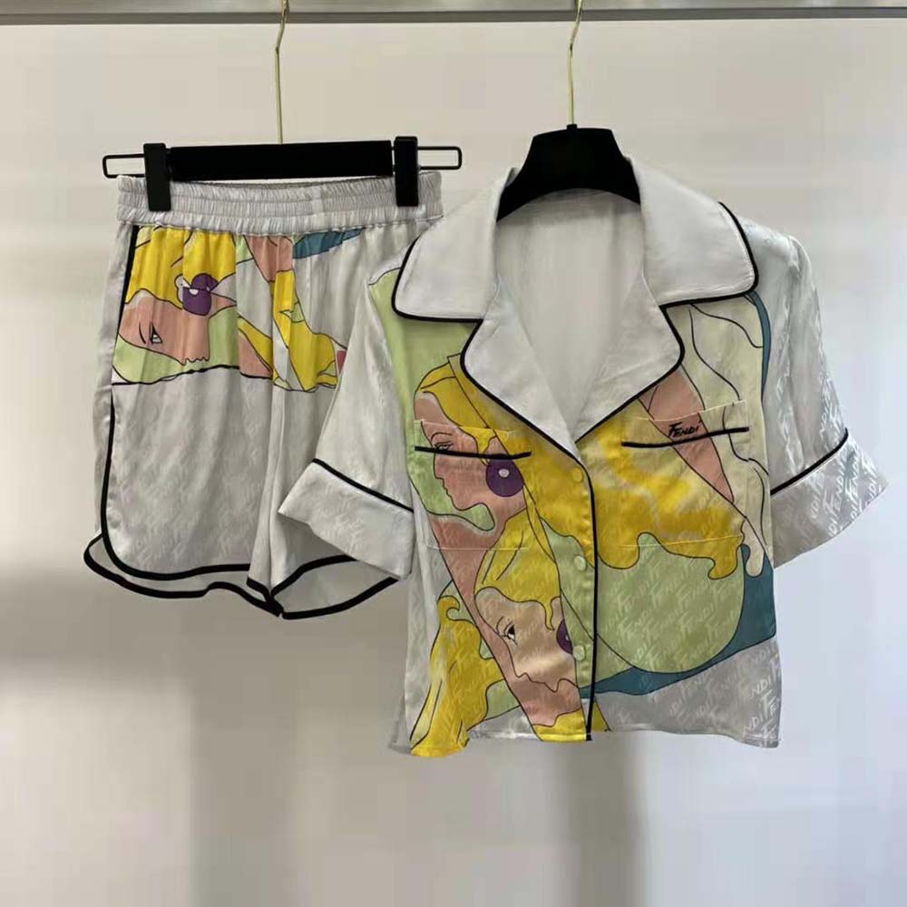 Fendi Women Pajama Set Multicolor Silk Pajama Set-White