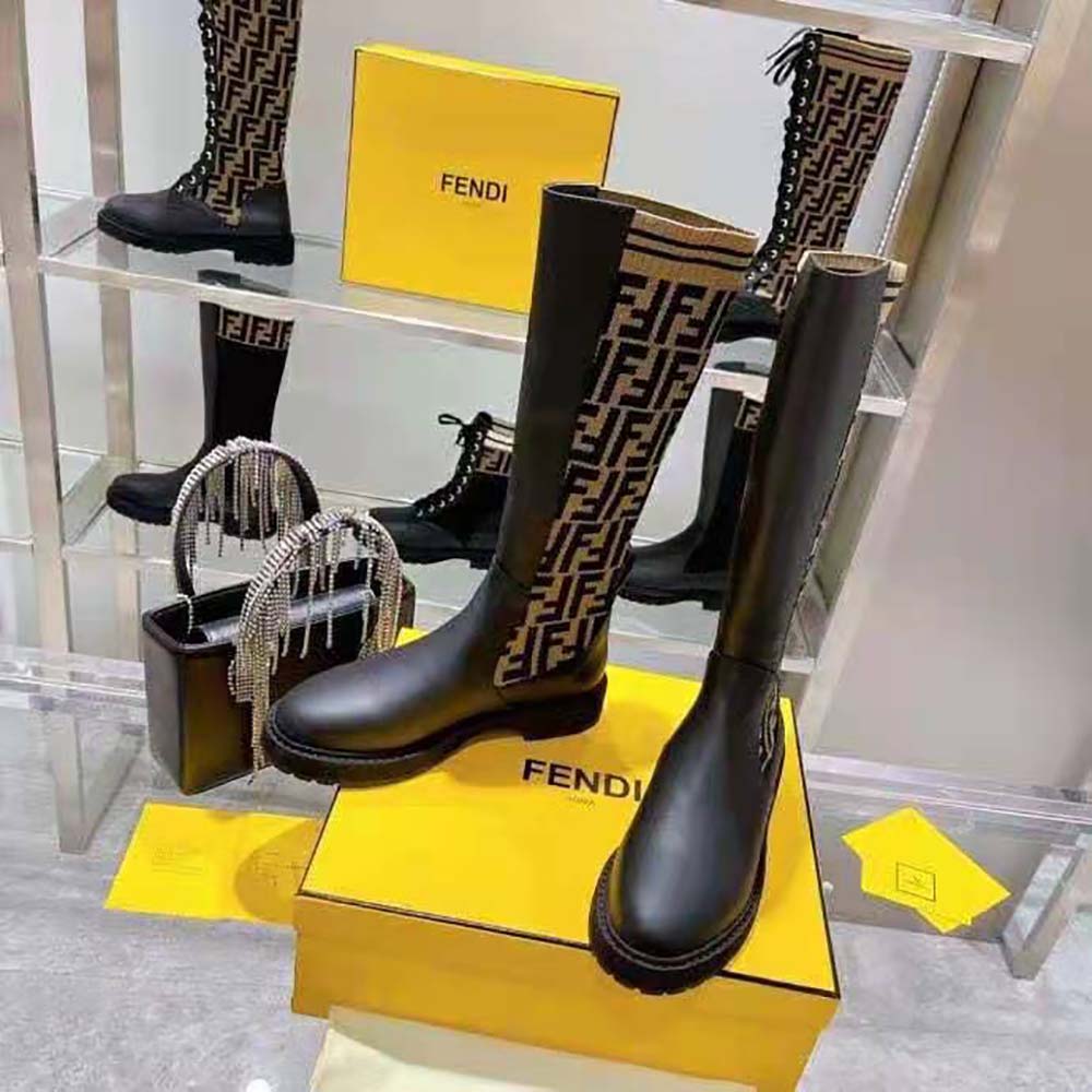 Fendi Women Rockoko Black Leather Ankle Boots with Stretch Fabric