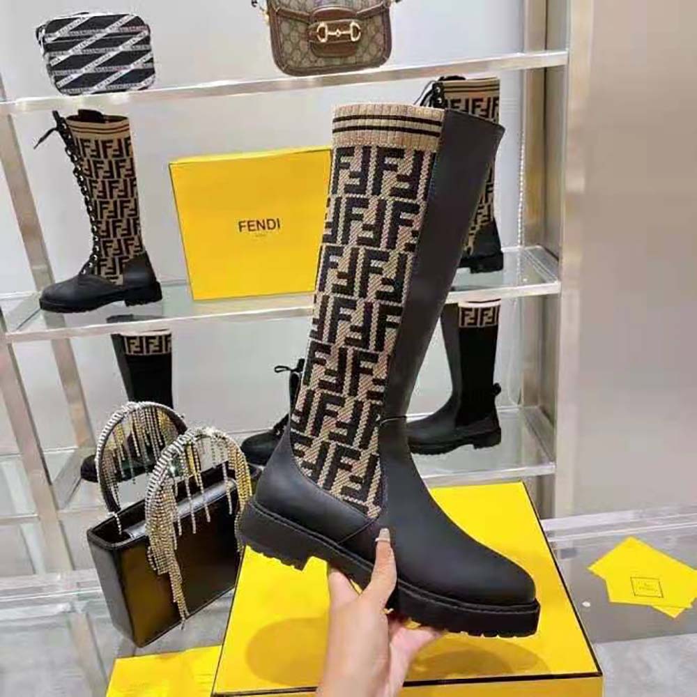 Fendi Women Rockoko Black Leather Ankle Boots with Stretch Fabric