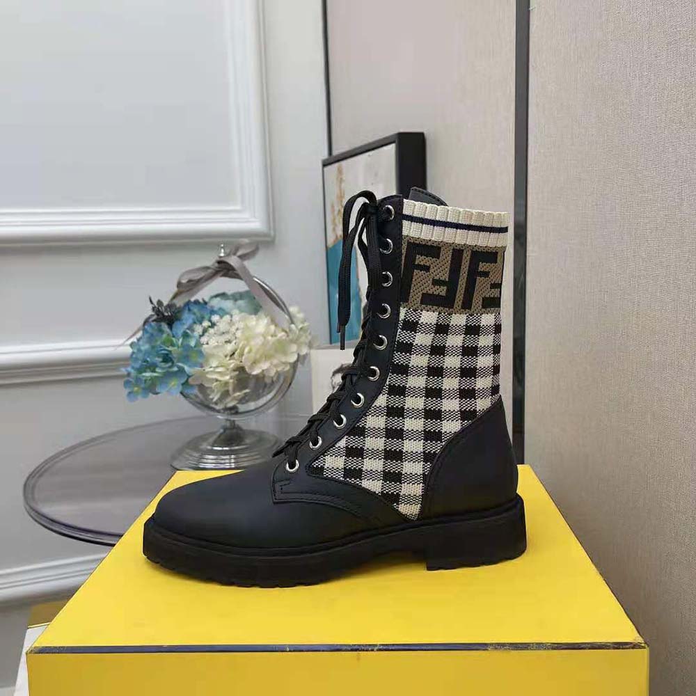 Fendi Women Rockoko Black Leather Biker Boots with Stretch Fabric