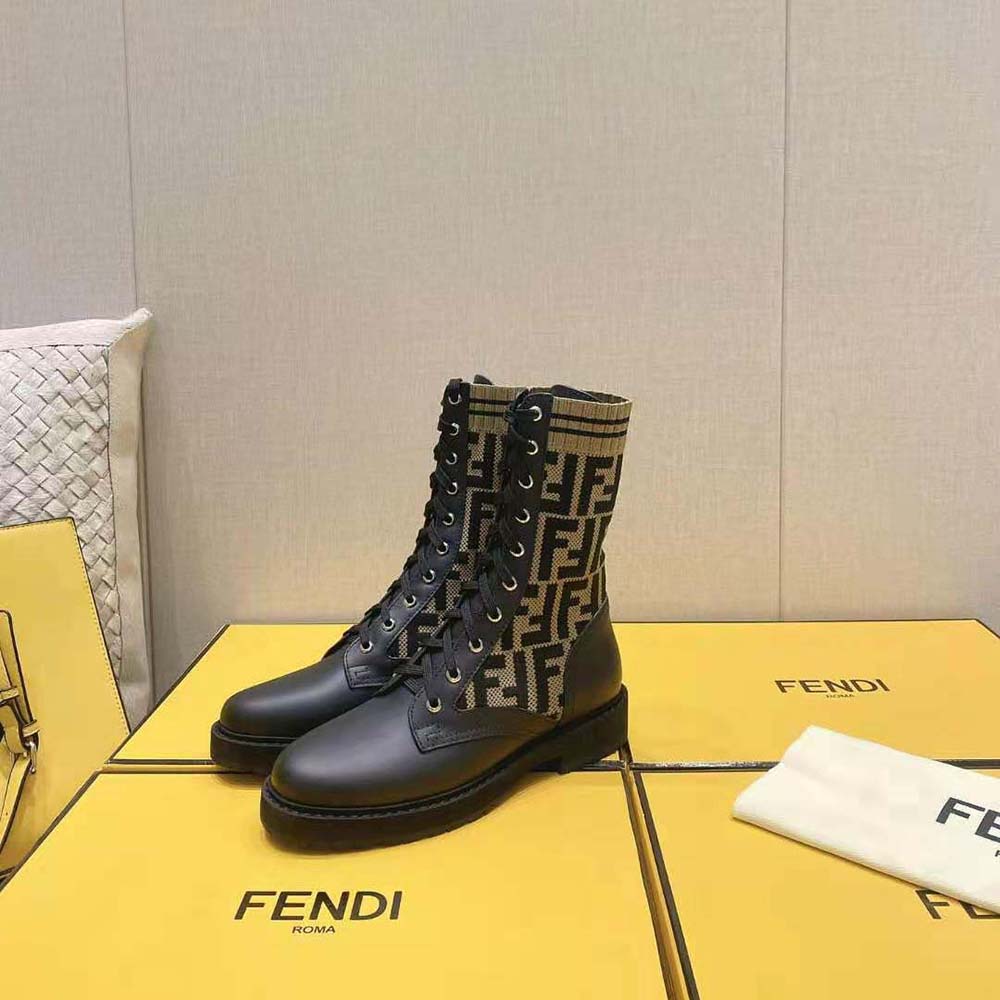 Fendi Women Rockoko Black/Brown Leather Biker Boots with Stretch Fabric